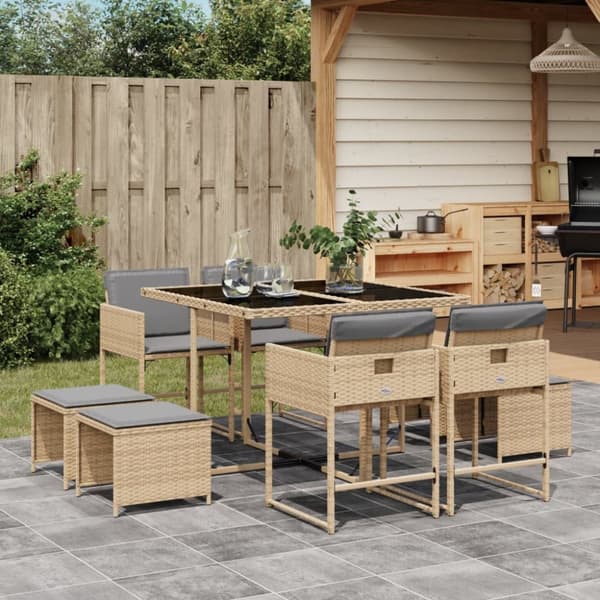 Matgrupp för trädgården med dynor 9 delar mixbeige konstrotting