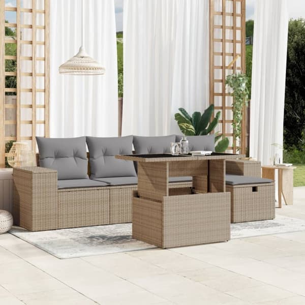 Soffgrupp för trädgården med dynor 6 delar beige konstrotting