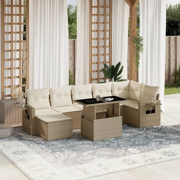 Matgrupp för trädgården med dynor 8 delar beige konstrotting
