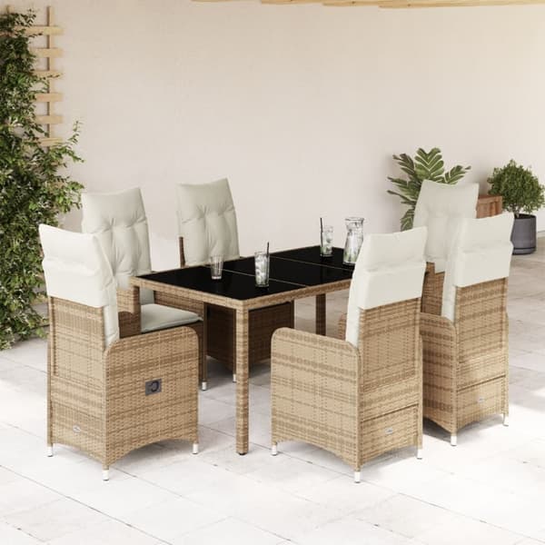 Caféset för trädgården 7 delar med dynor beige konstrotting