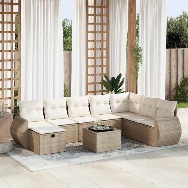 Soffgrupp för trädgården med dynor 9 delar beige konstrotting