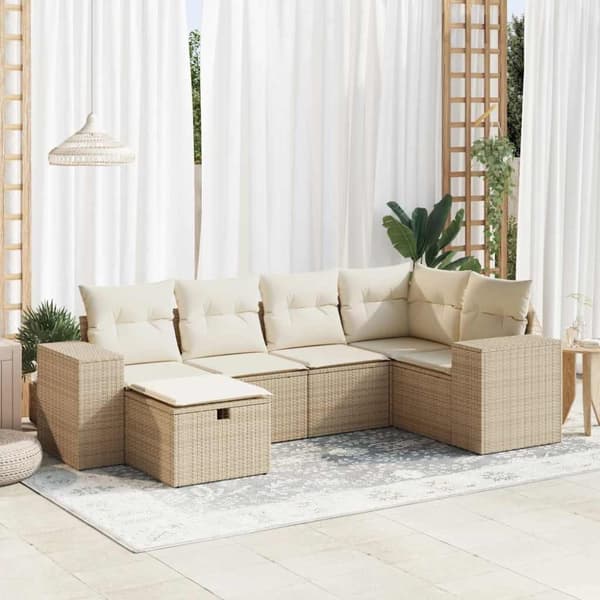 Soffgrupp för trädgården med dynor 6 delar beige konstrotting