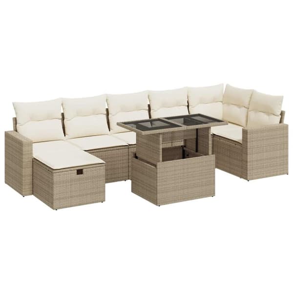Matgrupp för trädgården med dynor 8 delar beige konstrotting