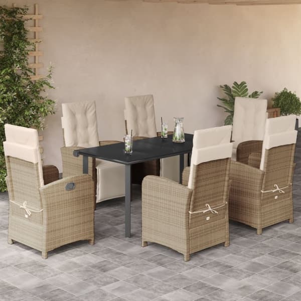 Matgrupp för trädgården med dynor 7 delar beige konstrotting
