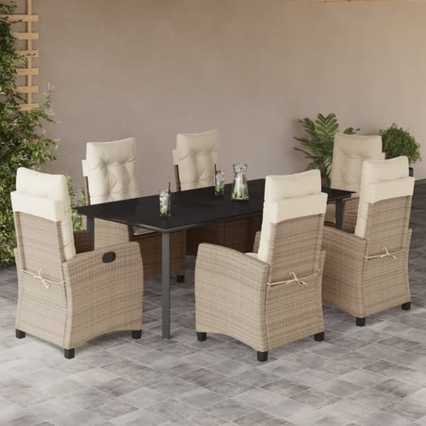 Matgrupp för trädgården med dynor 7 delar beige konstrotting