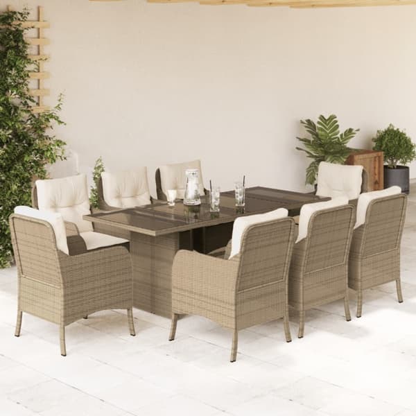 Matgrupp för trädgården med dynor 9 delar beige konstrotting