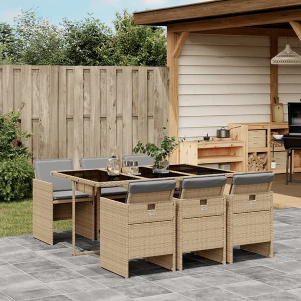 Matgrupp för trädgården med dynor 7 delar mixbeige konstrotting
