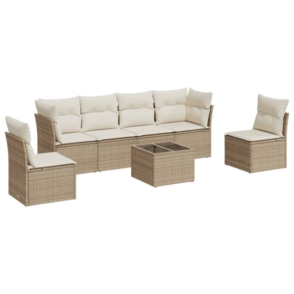 Matgrupp för trädgården med dynor 7 delar beige konstrotting