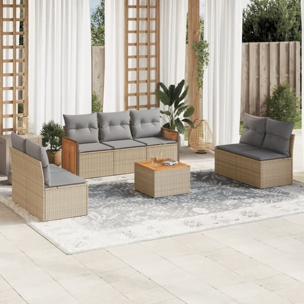 Matgrupp för trädgården med dynor 8 delar beige konstrotting