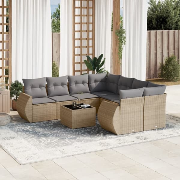 Soffgrupp för trädgården med dynor 9 delar beige konstrotting