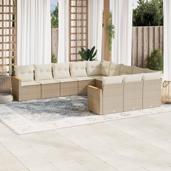 Loungegrupp för trädgården m. dynor 11 delar beige konstrotting