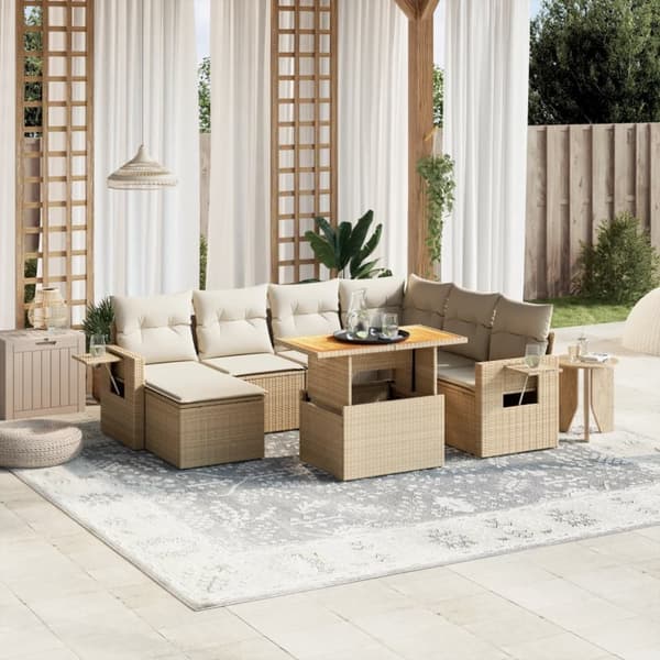 Matgrupp för trädgården med dynor 8 delar beige konstrotting