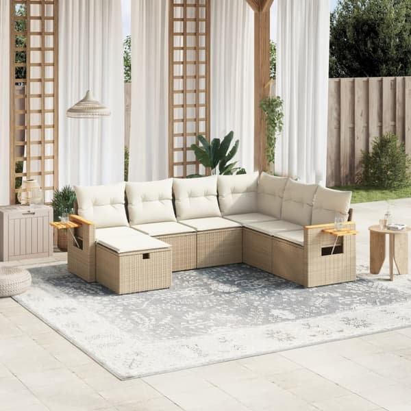 Matgrupp för trädgården med dynor 7 delar beige konstrotting