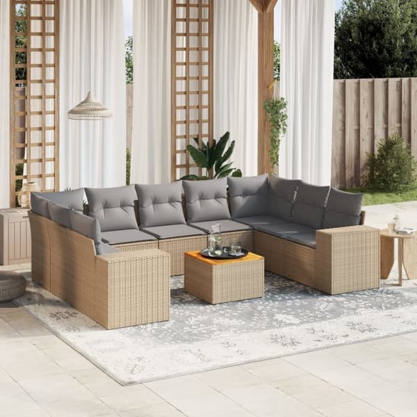 Soffgrupp för trädgård med dynor 10 delar beige konstrotting
