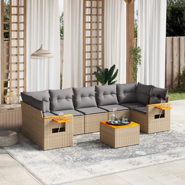 Matgrupp för trädgården med dynor 8 delar beige konstrotting