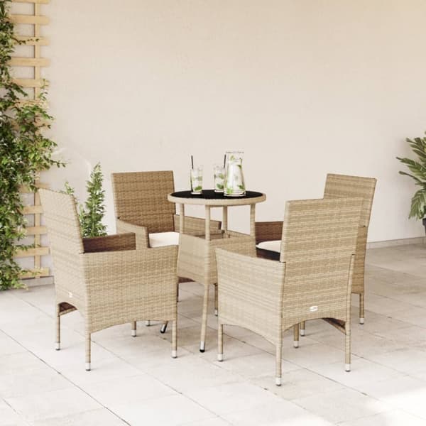 Matgrupp för trädgård med dynor 5 delar beige konstrotting&glas