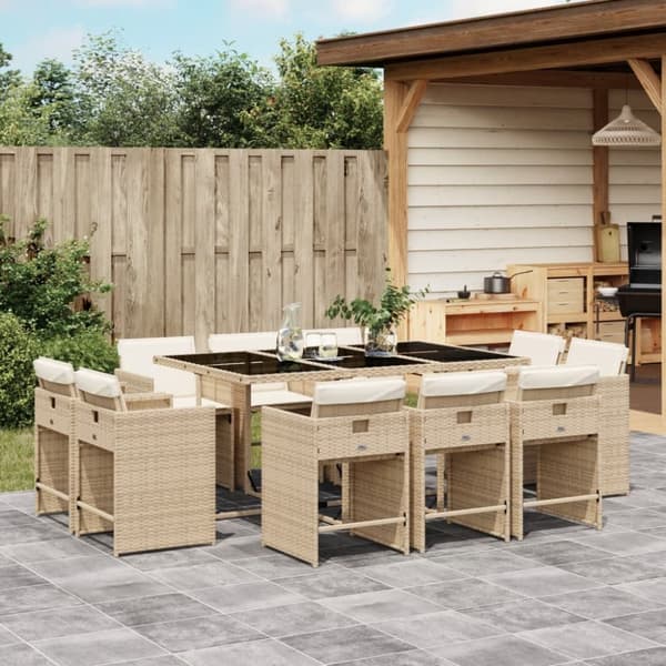 Matgrupp för trädgården med dynor 11 delar beige konstrotting