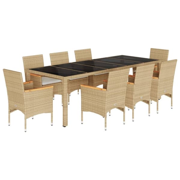 Matgrupp för trädgård med dynor 9 delar beige konstrotting&glas