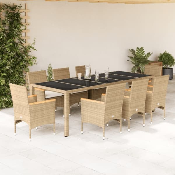 Matgrupp för trädgård med dynor 9 delar beige konstrotting&glas