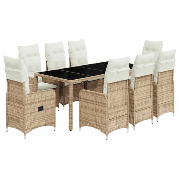 Caféset för trädgården 9 delar med dynor beige konstrotting