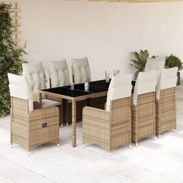 Caféset för trädgården 9 delar med dynor beige konstrotting