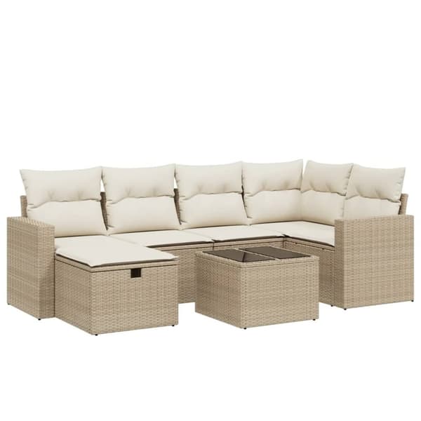 Matgrupp för trädgården med dynor 7 delar beige konstrotting