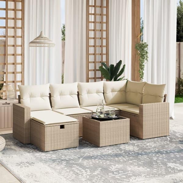 Matgrupp för trädgården med dynor 7 delar beige konstrotting