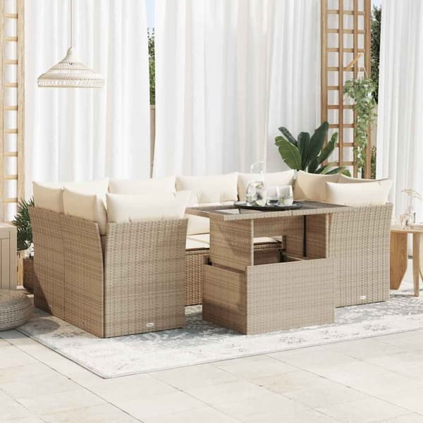 Matgrupp för trädgården med dynor 7 delar beige konstrotting