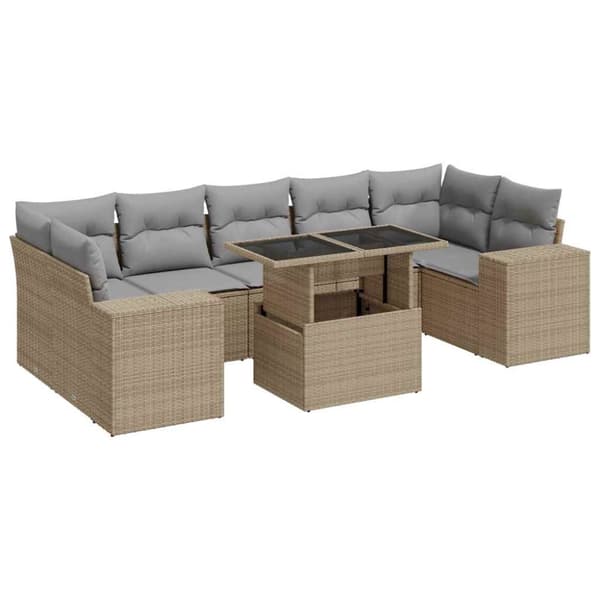 Matgrupp för trädgården med dynor 8 delar beige konstrotting