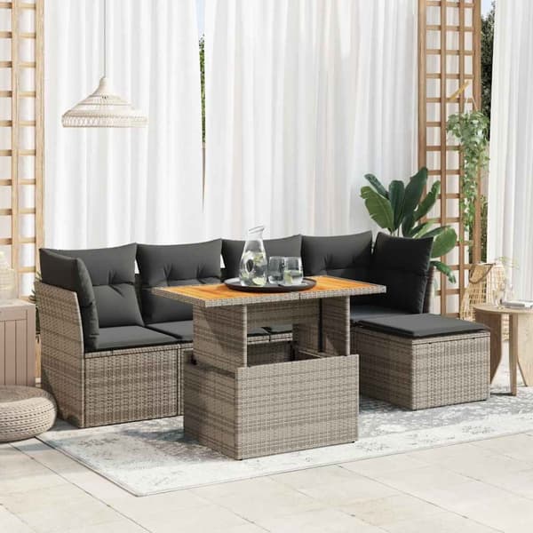 Loungegrupp för trädgården med dynor 6 delar grå konstrotting