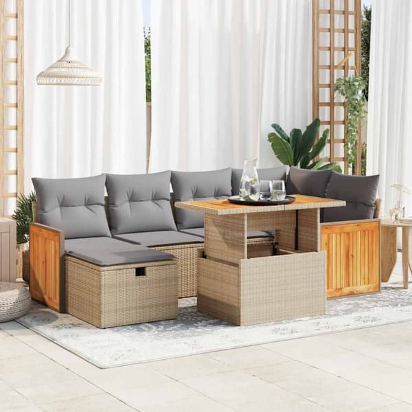 Matgrupp för trädgården med dynor 8 delar beige konstrotting