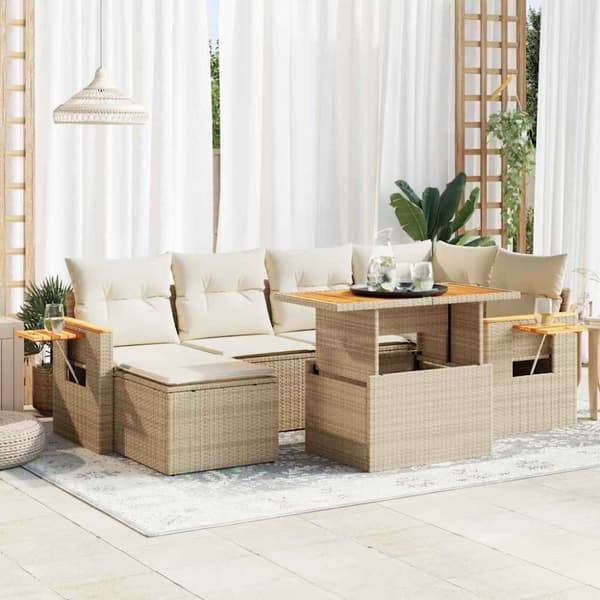 Trädgårdssoffset med dynor 7 delar beige konstrotting akaciaträ