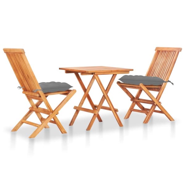 Caféset 3 delar med gråa dynor massiv teak