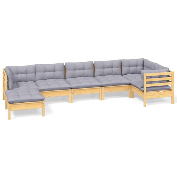 Loungegrupp med grå dynor 7 delar massiv furu