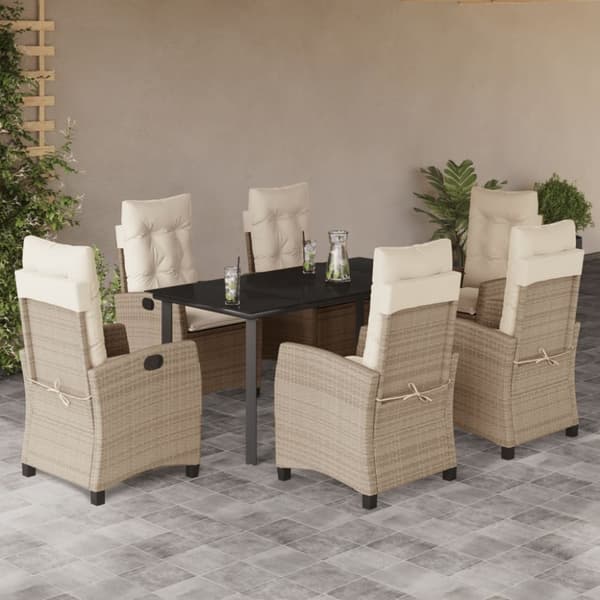 Matgrupp för trädgården med dynor 7 delar beige konstrotting