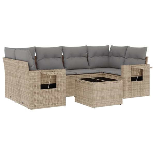 Matgrupp för trädgården med dynor 7 delar beige konstrotting