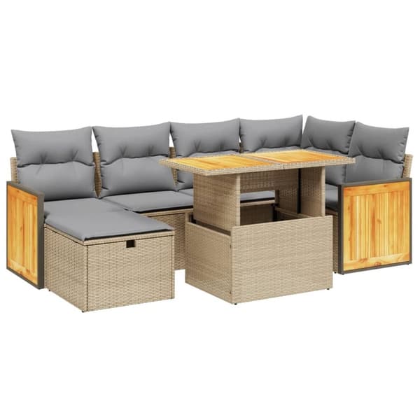Matgrupp för trädgården med dynor 7 delar beige konstrotting