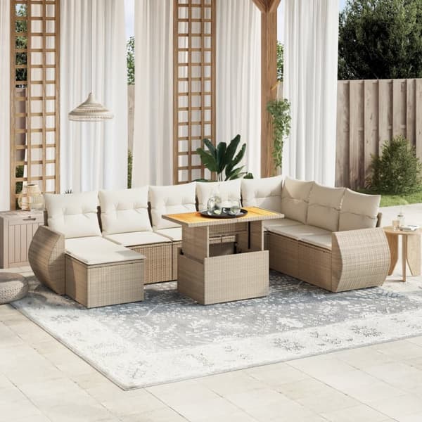 Soffgrupp för trädgården med dynor 9 delar beige konstrotting