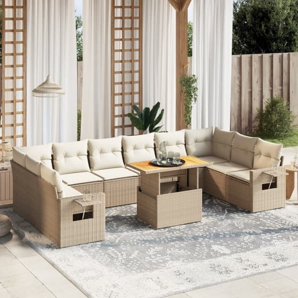 Loungegrupp för trädgården m. dynor 11 delar beige konstrotting