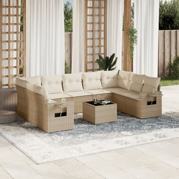 Soffgrupp för trädgård med dynor 10 delar beige konstrotting
