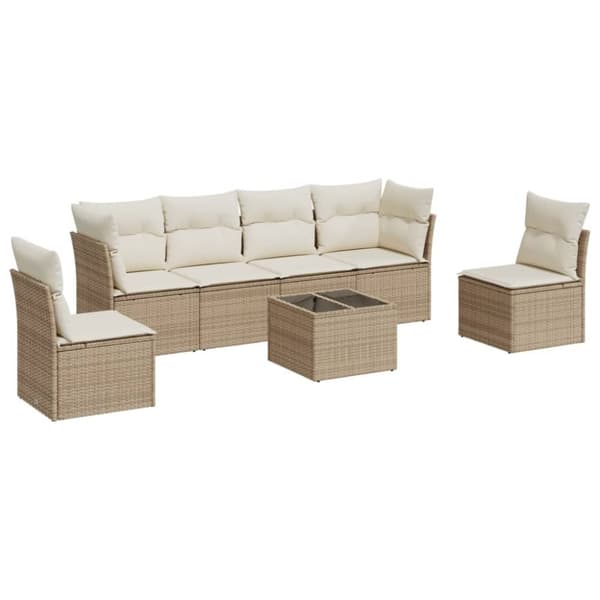 Matgrupp för trädgården med dynor 7 delar beige konstrotting