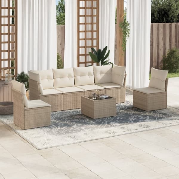Matgrupp för trädgården med dynor 7 delar beige konstrotting