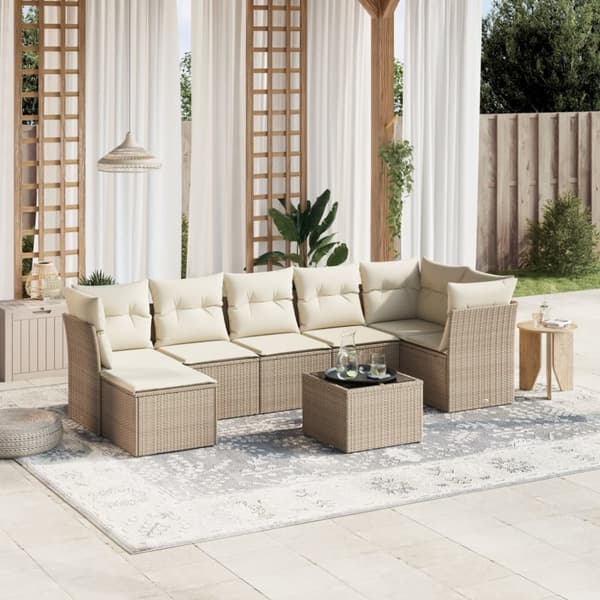 Matgrupp för trädgården med dynor 8 delar beige konstrotting