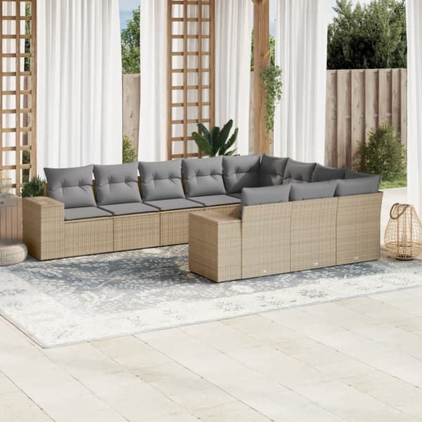 Soffgrupp för trädgård med dynor 10 delar beige konstrotting