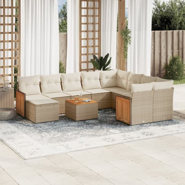 Loungegrupp för trädgården m. dynor 11 delar beige konstrotting