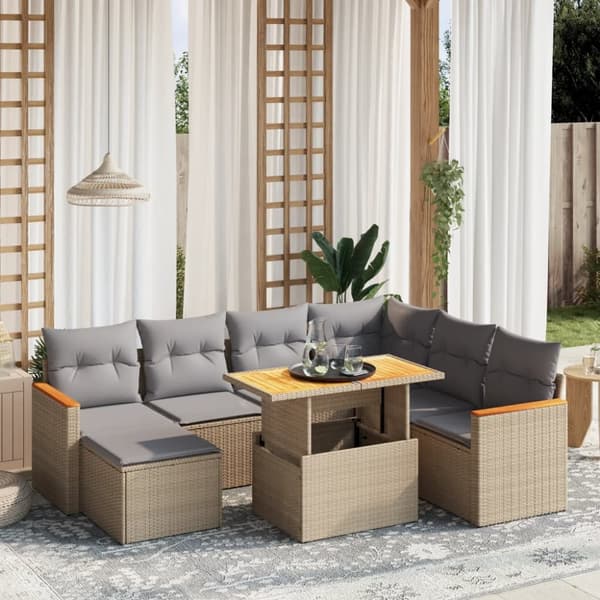 Matgrupp för trädgården med dynor 8 delar beige konstrotting