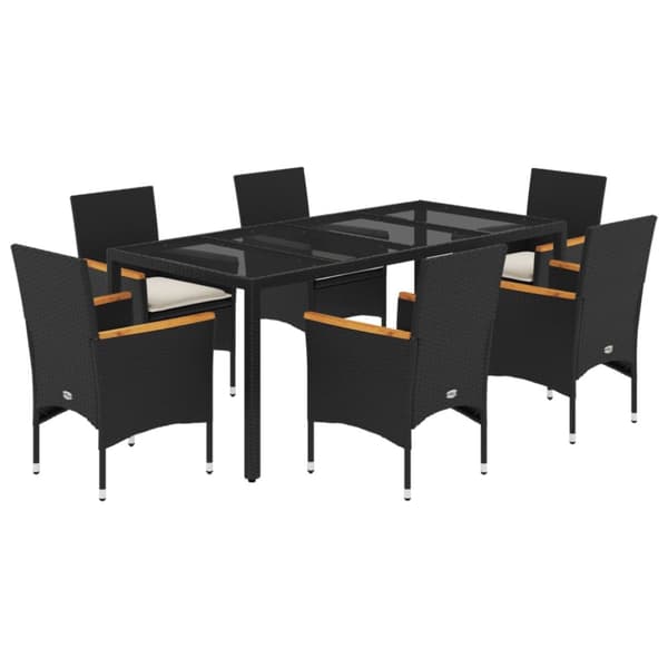 Matgrupp för trädgård med dynor 7 delar svart konstrotting&glas
