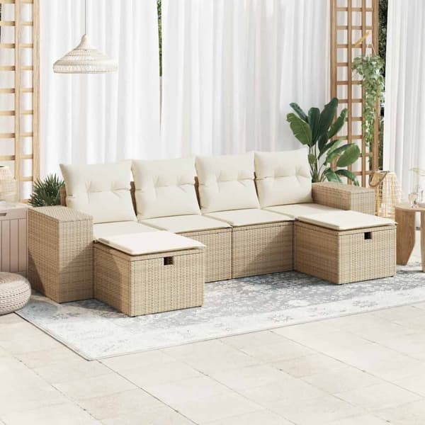 Soffgrupp för trädgården med dynor 6 delar beige konstrotting