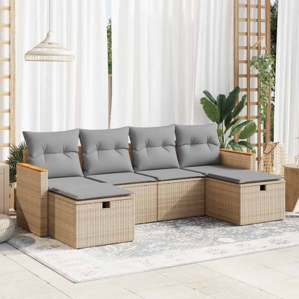 Soffgrupp för trädgården med dynor 6 delar beige konstrotting