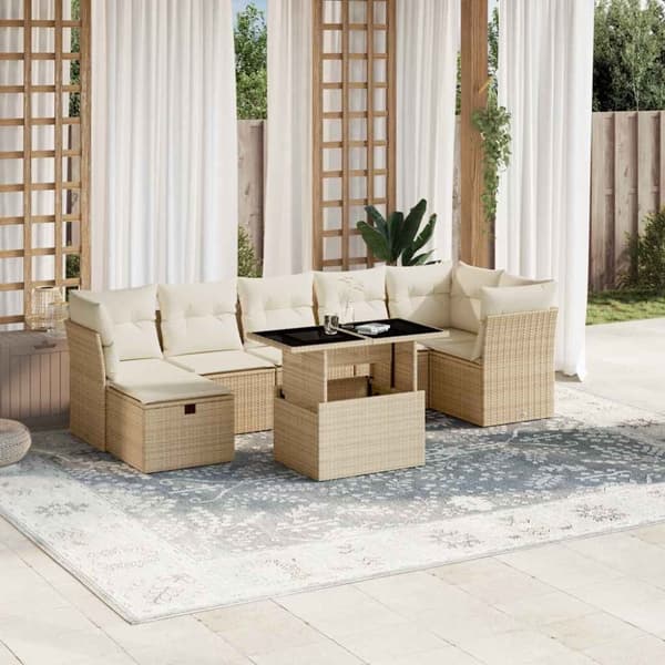 Matgrupp för trädgården med dynor 8 delar beige konstrotting